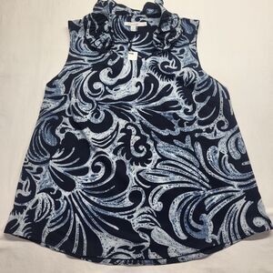Chicos Zenergy Ruffle Neema Tank Top Navy Paisley Sleeveless SM 1 NEW